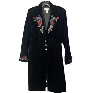 Vtg Womens L Black Crushed Velvet Long Coat Floral Applique Whimsygoth Fairy y2k